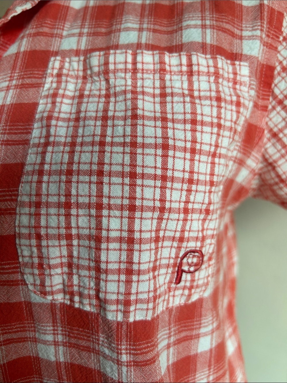 Penfield Short Sleeve Plaid Button Down Orange White Top Size Small - Picture 3 of 9
